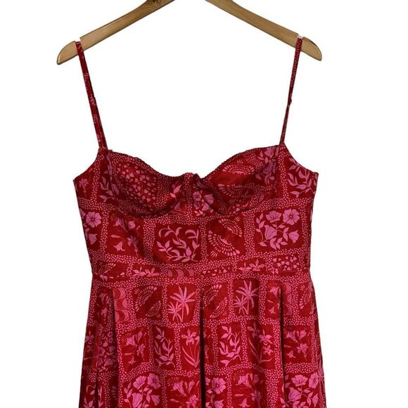 Agua Bendita Red Mambo Ipanema Escarlata Red Linen Printed Midi Summer Dress, XL - Picture 6 of 16
